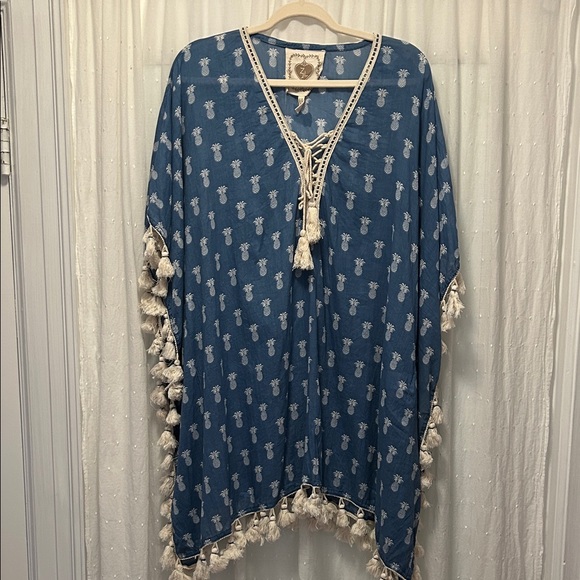 Z&L Other - Z&L Coverup Women’s S/M Blue Pineapple Print Swim Bohemian Beach Resort Kaftan
